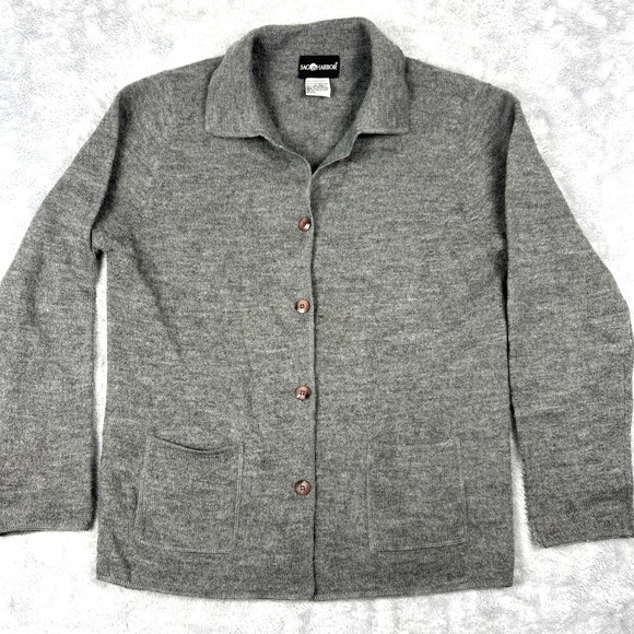 Vtg Y2K Women's M 100% Wool Cardigan Collar Grandpa Gray Button Pockets Grunge - Picture 1 of 6